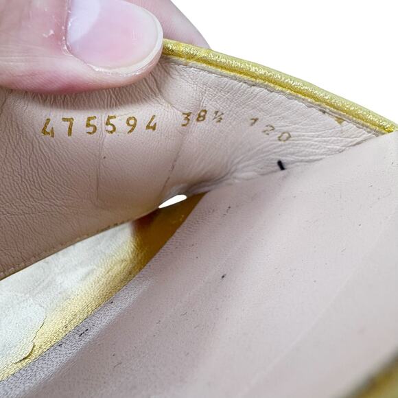 GUCCI Soko Bee Blue Glitter Platform Heels Gold
Trim Ankle Strap Size 38.5 - Picture 13 of 16